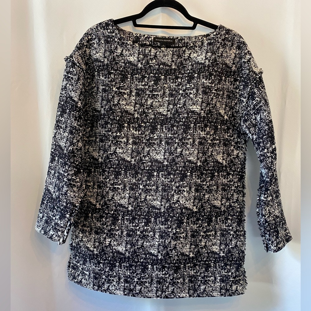 Banana Republic Women's Tweed Boat Neck Black White Tunic 8 Fringe Mod Retro
